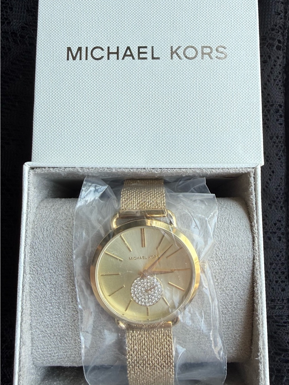Michael Kors Portia Gold Tone Mesh Bracelet Crystal Accent Watch